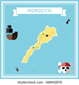 Morocco flat treasure map. Colorful cartoon treasure map of Morocco with flat icons of pirate ship, jolly roger, treasure chest and banner ribbon. Flat design vector illustration.
