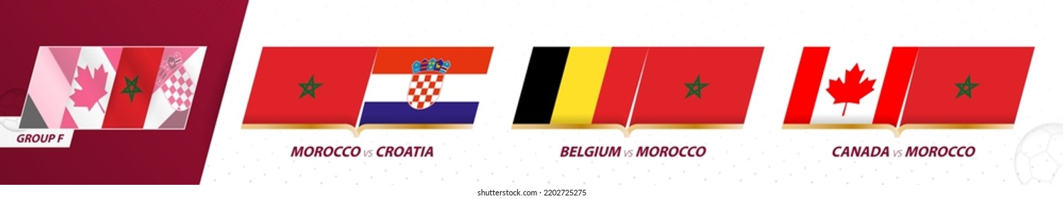 Morocco football team games in group F of International football tournament 2022. Sport vector icon set.