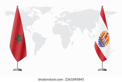 Morocco and French Polynesia flags for official meeting against background of world map.