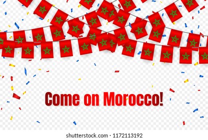 Morocco garland flag with confetti on transparent background, Hang bunting for celebration template banner, Vector illustration.