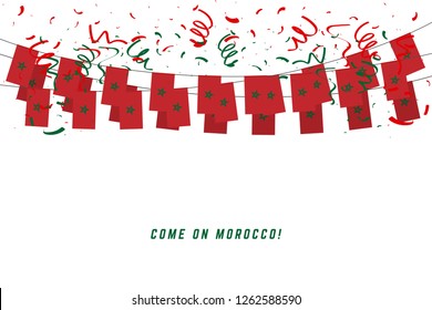 Morocco garland flag with confetti on white background, Hang bunting for Morocco celebration template banner.