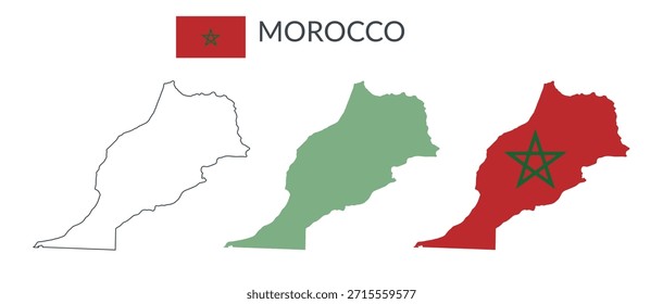 Fronteiras geográficas de Marrocos isoladas sobre fundo branco. Bandeira de Marrocos. Cliparts planas vetoriais.