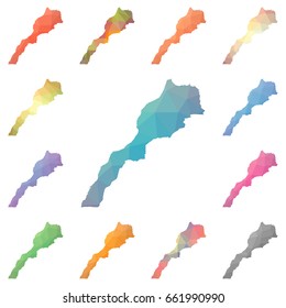 Morocco geometric polygonal, mosaic style maps collection. Bright abstract tessellation, low poly style, modern design. Morocco polygonal maps for your infographics or presentation.