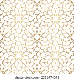 Morocco gold seamless pattern. Repeating golden marocco grid. Arabic background. Repeated simple moroccan mosaic motive. Islamic texture. Design prints. Abstract arabesque patern. Vector illustration