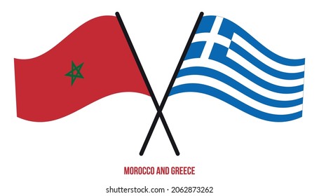 Banderas de Marruecos y Grecia Cruzadas y ondeando estilo plano. Proporción oficial. Colores correctos.