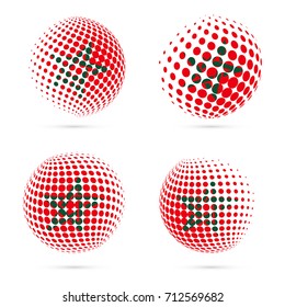 Morocco halftone flag set patriotic vector design. 3D halftone sphere in Morocco national flag colors isolated on white background.