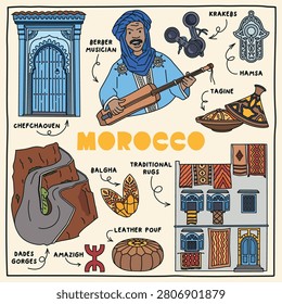 Morocco. Hand drawn illustration of different landmarks and symbols. Vector. Chefchaouen, berber musician, krakebs, hamsa, tagine, traditional rugs, balgha, leather pouf, amazigh, dades gorges 