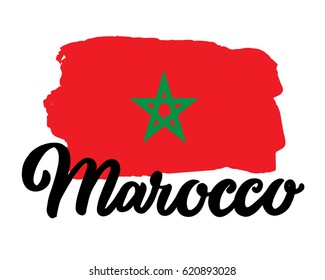 Morocco hand drawn ink brush lettering with the national flag of the country. Calligraphy word "Marocco". Morocco national symbol