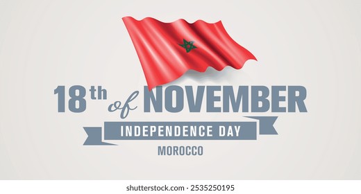 Tarjeta de felicitación del día de la independencia de Marruecos feliz, Ilustración vectorial del Anuncio. Fiesta nacional marroquí 18 de noviembre elemento de diseño con bandera realista