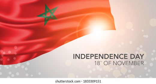 Morocco happy independence day vector banner, greeting card. Moroccan realistic wavy flag in 18th of November national patriotic holiday horizontal design