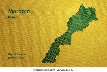Morocco hexagon Mosaic Map with Rabat Capital. Glossy luxury