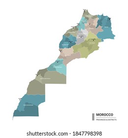 Marruecos mostró un mapa detallado con subdivisiones. Mapa administrativo de Marruecos con nombres de distritos y ciudades, coloreado por estados y distritos administrativos. Ilustración del vector 