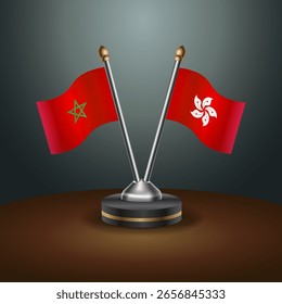 Marokko und Hongkong Tischfahnen Beziehung mit Farbverlauf Hintergrund. Vektorgrafik