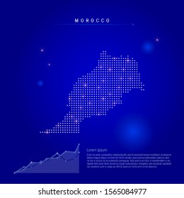 Morocco illuminated map with glowing dots. Infographics elements. Dark blue space background. Vector illustration. Growing chart, lorem ipsum text.