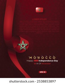 Marruecos Día de la Independencia 18 de noviembre Fondo de diseño de Vector con hermosa bandera para tarjeta de felicitación, Anuncio, Fondo de pantalla, portada, redes sociales, ilustración, volante, etc.
