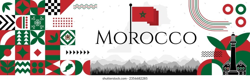 The Morocco Independence Day abstract banner design with flag and map. Flag color theme geometric pattern retro modern Illustration design. Red, green and black color template.