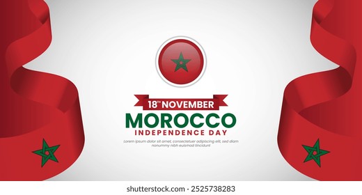 Morocco Independence Day banner background design with waving ribbon flag on November 18th
