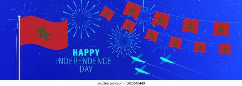 November 18 Morocco Independence Day greeting card. Celebration background with fireworks, flags, flagpole and text.