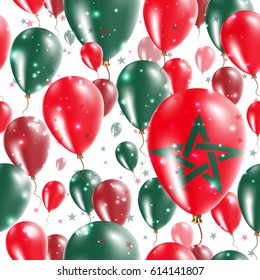 Morocco Independence Day Seamless Pattern. Flying Rubber Balloons in Colors of the Moroccan Flag. Happy Morocco Day Patriotic Card with Balloons, Stars and Sparkles.