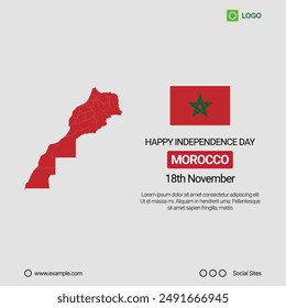 Morocco Independence Day Social Media Banner, Editable Vector Design with Map and Flag