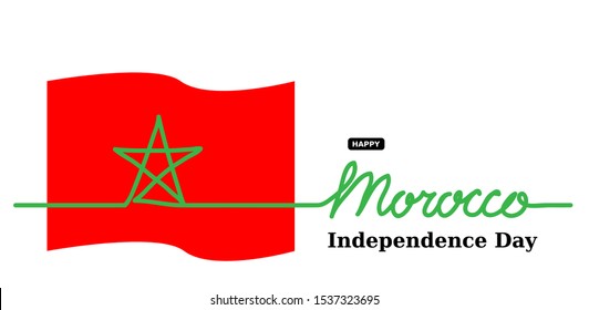 Morocco Independence Day vector banner, background. One continuous line drawing and lettering. Moroccan vector flag,banner, oster, background.