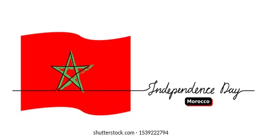 Morocco Independence Day vector banner, background. One continuous line drawing and lettering. Moroccan vector flag,banner, oster, background.