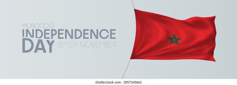 Morocco independence day vector banner, greeting card. Moroccan wavy flag in 18th of November national patriotic holiday horizontal design