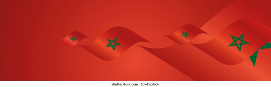 Morocco Independence Day waving flags two fold red landscape background