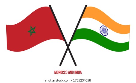 Morocco and India Flags Crossed And Waving Flat Style. Official Proportion. Correct Colors.