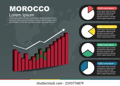 Infografía de Marruecos con barra 3D y gráfico circular, valores crecientes, bandera de Marruecos en gráfico de barras 3D, datos de altibajos, idea gráfica de presentación, país en desarrollo