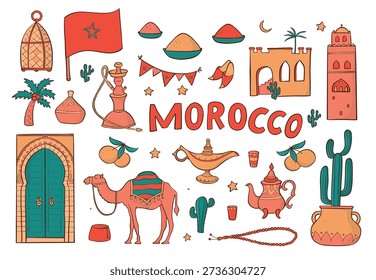 Morocco inspired doodles, cartoon elements and clipart collection for stickers, prints, banners, wallpaper, scrapbooking, planners, Ramadan decor, etc. EPS 10