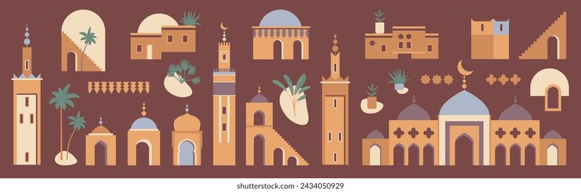 Morocco inspired vector Ramadan architecture set. Flat illustration with a mosque, tower, house, plants, palm trees. Earthy colored buildings graphic collection. Abstract Eid al-Fitr design template