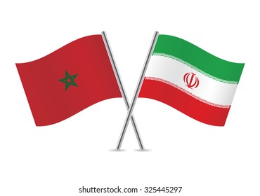 Morocco and Iran crossed flags. Moroccan and Iranian flags, isolated on white background. Vector icon set. Vector illustration.