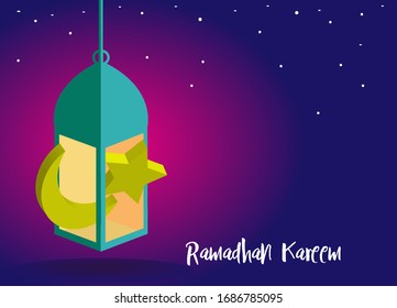 Morocco lantern  with moon and star inside against dark purple and magenta gradient background.