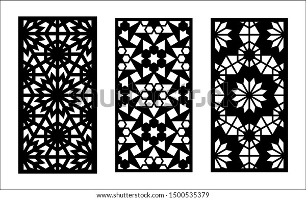 Morocco laser cut pattern. Set of decorative vector\
panels for laser cutting. Template for interior partition in\
morocco style. Ratio\
1:2