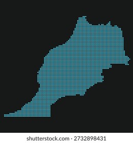 Morocco Light Blue Point Grid Map on Black for Pan-Regional Digital Hubs. Map of Morocco dotted map.