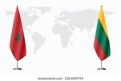 Morocco and Lithuania flags for official meeting against background of world map.