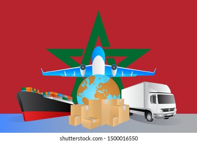 Morocco logistics concept illustration. National flag of Morocco from the back of globe, airplane, truck and cargo container ship