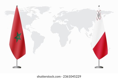 Morocco and Malta flags for official meeting against background of world map.