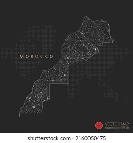 Marruecos mapea el concepto abstracto de malla geométrica de luz poligonal con líneas de contorno de color blanco y negro países y puntos sobre fondo oscuro. Ilustración vectorial.