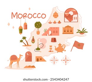 Morocco map with Arabian desert architecture, ancient Islamic culture decorations stickers. Moroccan palace with arch door and windows, traditional pottery and hookah cartoon vector illustration