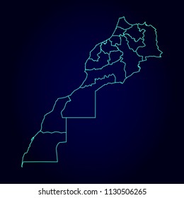 Morocco map: blue glitter outline with sparkling stars on dark background. Detailed map of Morocco. Vector illustration.