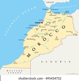 Morocco map with capital Rabat, national borders, important cities and rivers. Political map illustration with English labeling and scaling.