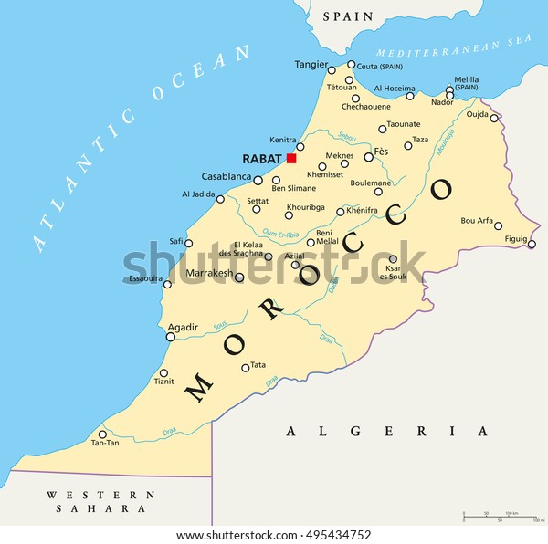 モロッコの地図と首都ラバト 国境 重要な都市 川 英語のラベル付けと拡大 縮小機能を備えた政治地図イラスト のベクター画像素材 ロイヤリティフリー