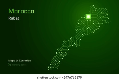 Marruecos Mapa con la capital de Rabat en un patrón de microchip con procesador. Gobierno electrónico. Mapas de Vector de Países Mundiales. Serie de microchips	