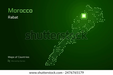 Morocco Map with a capital of Rabat Shown in a Microchip Pattern with processor. E-government. World Countries vector maps. Microchip Series	