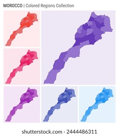 Morocco map collection. Country shape with colored regions. Deep Purple, Red, Pink, Purple, Indigo, Blue color palettes. Border of Morocco with provinces for your infographic. Vector illustration.