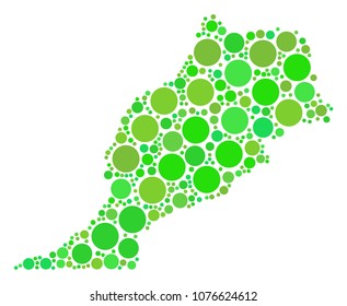 Morocco Map composition of random circle elements in variable sizes and eco green color tones. Vector filled circles are combined into morocco map illustration.