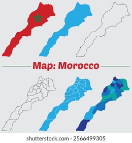 Morocco map. Morocco country map set. internal provinces borders marked, Simple map of Morocco vector drawing, Filled and outline.
