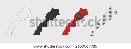 Morocco map detailed in outline, grey, flag color, and dotted style